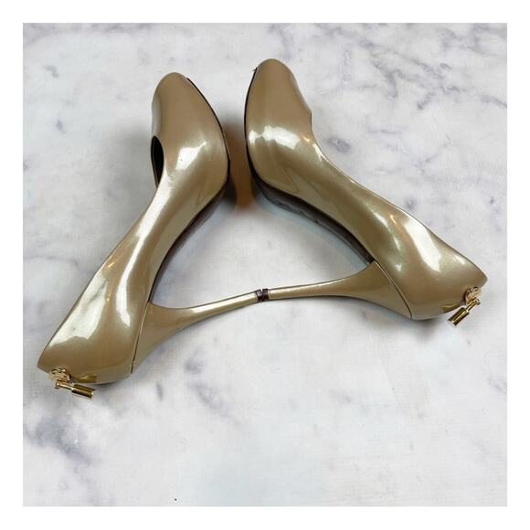 Louis Vuitton Oh Really! Beige Patent Leather Peep Toe Pumps Gold Padlock Heels - Picture 7 of 14